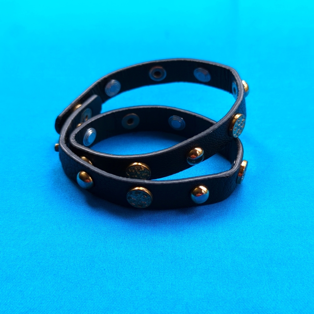 Tory Burch Double-Wrap Leather Logo Stud Bracelet